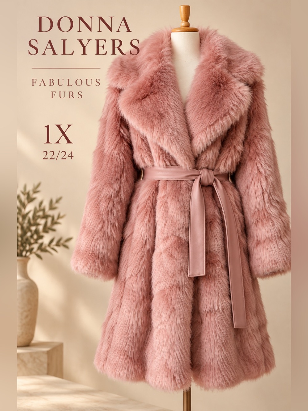 Donna Salyers Fabulous Furs Pink Faux Fur Belted Coat 1X